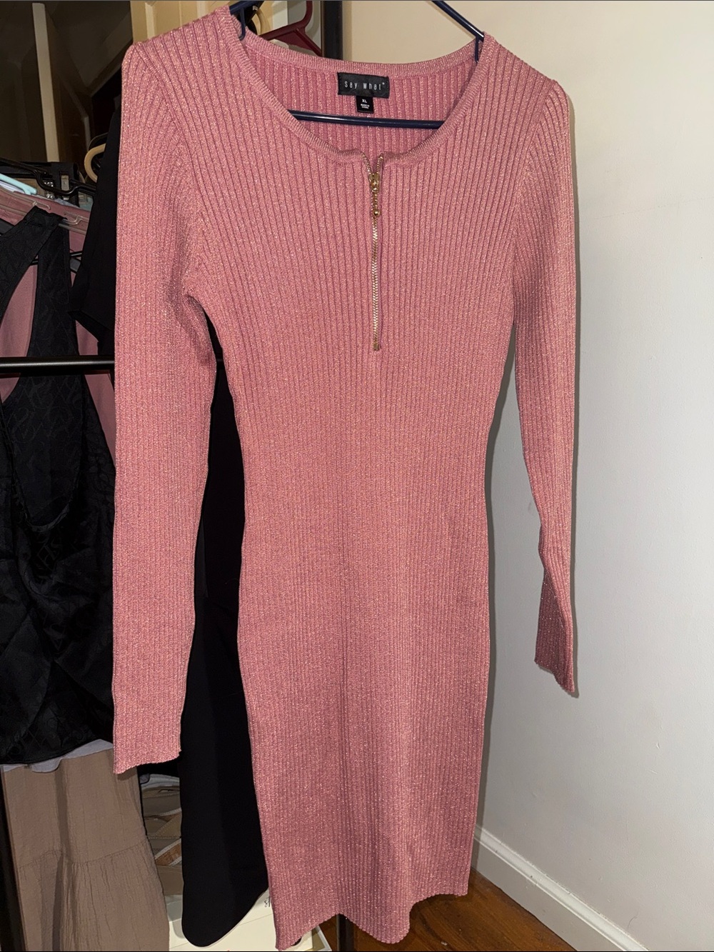 Say What? Dusty Rose Ribbed Long-Sleeve Knit Dress with Front Zip
